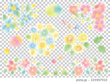 水彩絵の具のふわっとした手描きのいろいろな花のセット 103997910