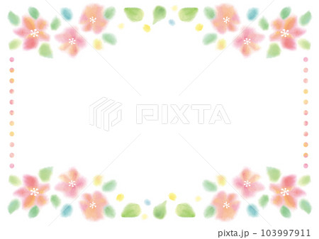水彩絵の具で上下を飾ったふわっとしたピンクの花の横型背景 103997911