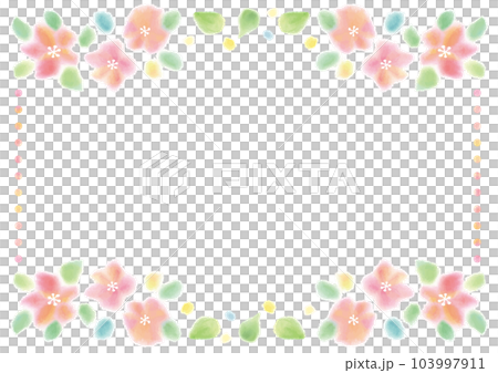 水彩絵の具で上下を飾ったふわっとしたピンクの花の横型背景 103997911