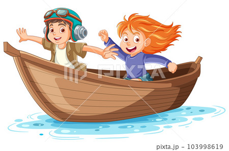 Two Kids on Wooden Boat Two Kids on Wooden Boat 103998619
