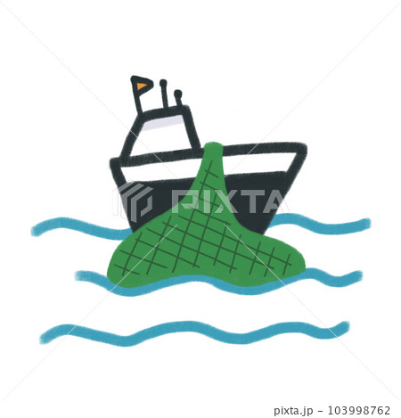 海の上 網で魚を上げる船のイラスト 漁業 103998762