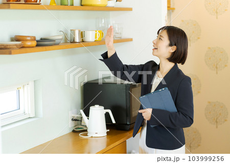 キッチンの紹介をする女性 103999256