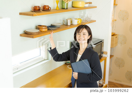 キッチンの紹介をする女性 キッチンの紹介をする女性 103999262
