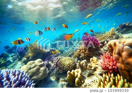 サンゴ礁の海　熱帯魚　水中写真風イラスト 103999330