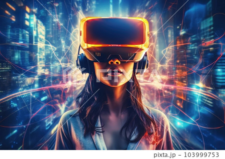 Beautiful cyber woman face in virtual reality glasses isolated on neon background AI Beautiful cyber woman face in virtual reality glasses isolated on neon background AI 103999753