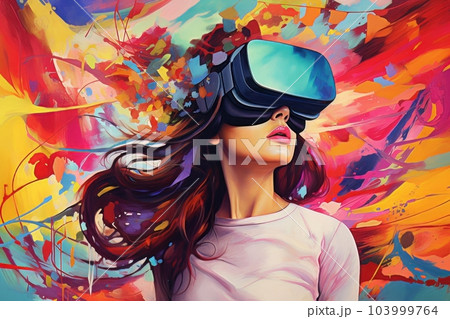 Beautiful cyber woman face in virtual reality glasses isolated on neon background AI 103999764