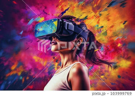 Beautiful cyber woman face in virtual reality glasses isolated on neon background AI Beautiful cyber woman face in virtual reality glasses isolated on neon background AI 103999769
