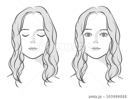 目を閉じたロングヘアの女性と目を開けた女性の顔 正面アップのイラストセット カールヘア モノクロ 目を閉じたロングヘアの女性と目を開けた女性の顔 正面アップのイラストセット カールヘア モノクロ 103999888