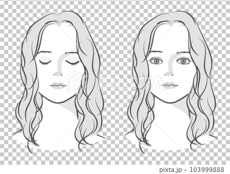 目を閉じたロングヘアの女性と目を開けた女性の顔 正面アップのイラストセット カールヘア モノクロ 目を閉じたロングヘアの女性と目を開けた女性の顔 正面アップのイラストセット カールヘア モノクロ 103999888