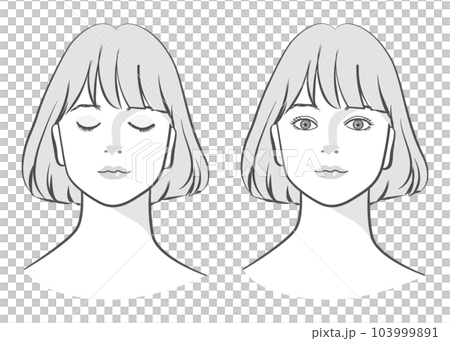 Faces of women with closed eyes and open eyes, front-up illustration set, bob cut, monochrome Faces of women with closed eyes and open eyes, front-up illustration set, bob cut, monochrome 103999891