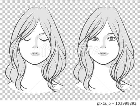 Faces of women with closed eyes and open eyes, front-up illustration set, long hair, monochrome, variations Faces of women with closed eyes and open eyes, front-up illustration set, long hair, monochrome, variations 103999892