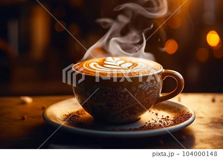 Hot coffee capuccino with latte art, Generative AI Illustration