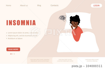 Insomnia landing page template. Tired african woman suffer from headache. Sleepless female character lying in bed and thinking about menopause problems. Vector illustration in flat cartoon style 104000311