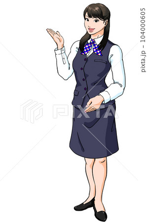 笑顔でご案内する受付の若い女性_全身斜め横 笑顔でご案内する受付の若い女性_全身斜め横 104000605