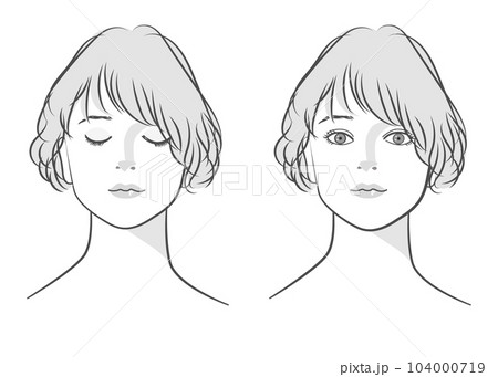 目を閉じた女性と目を開けた女性の顔 正面アップのイラストセット モノクロ 斜めバング カールヘア 目を閉じた女性と目を開けた女性の顔 正面アップのイラストセット モノクロ 斜めバング カールヘア 104000719