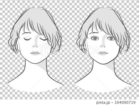 目を閉じた女性と目を開けた女性の顔 正面アップのイラストセット モノクロ 斜めバング カールヘア 目を閉じた女性と目を開けた女性の顔 正面アップのイラストセット モノクロ 斜めバング カールヘア 104000719