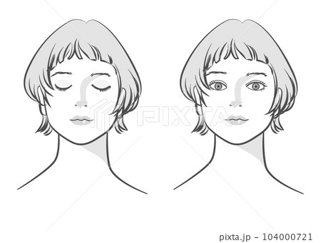 目を閉じた女性と目を開けた女性の顔 正面アップのイラストセット モノクロ ショートボブ 104000721