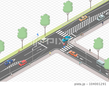 アイソメトリック図法で描いたT字交差点のイメージ[B]（マス目地）+歩行者 104001291