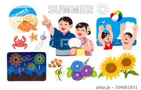 夏を満喫する男性女性のイラストセット 104001931