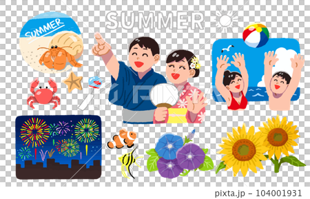 夏を満喫する男性女性のイラストセット 104001931