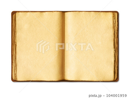 Old open medieval book with worn parchment pages. Isolated on white background 104001959