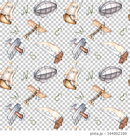 Sailing ship, air balloon, airplane watercolor seamless pattern isolated on white. Boat, aircraft, vessel, aerostat hand drawn. Print for boy, wrapping, textile, vintage style wallpaper, background Sailing ship, air balloon, airplane watercolor seamless pattern isolated on white. Boat, aircraft, vessel, aerostat hand drawn. Print for boy, wrapping, textile, vintage style wallpaper, background 104002100