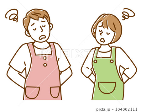 悩んで困っているエプロン姿の若い男性と女性 悩んで困っているエプロン姿の若い男性と女性 104002111