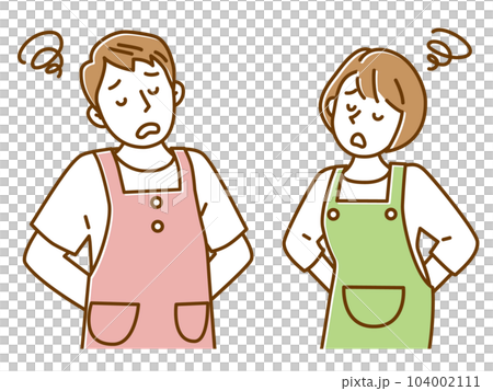 悩んで困っているエプロン姿の若い男性と女性 悩んで困っているエプロン姿の若い男性と女性 104002111