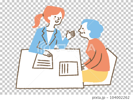 スーツを着た女性の説明を聞く高齢の女性_色 104002262