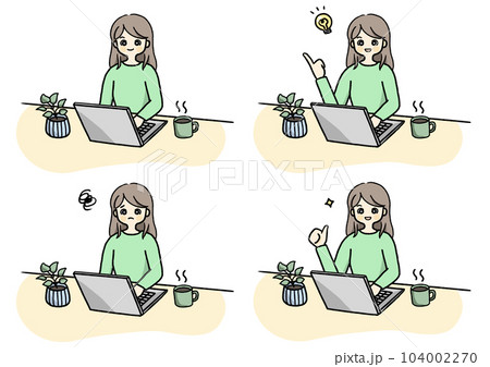 ストレートヘアの女性がパソコンで仕事をしているイラストセット ストレートヘアの女性がパソコンで仕事をしているイラストセット 104002270