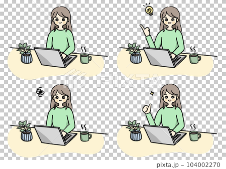 ストレートヘアの女性がパソコンで仕事をしているイラストセット ストレートヘアの女性がパソコンで仕事をしているイラストセット 104002270