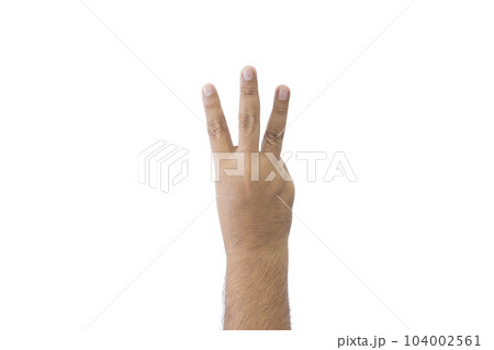 Close-up man's back of hand. Open outstretched hand, showing three fingers means number three, extended in greeting copy space isolated on white background. Space for text. Close-up man's back of hand. Open outstretched hand, showing three fingers means number three, extended in greeting copy space isolated on white background. Space for text. 104002561