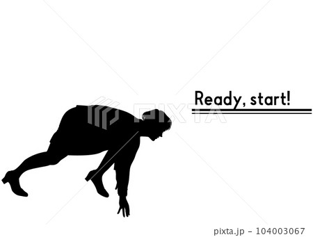 スタート地点でかがむスーツ姿とハイヒールの女性のシルエット 104003067