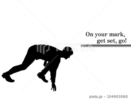 スタート地点でかがむスーツ姿の男性のシルエット 104003068