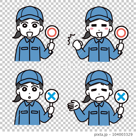 A set of women in work clothes making circle and cross signs A set of women in work clothes making circle and cross signs 104003329