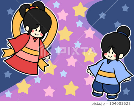 天の川に浮かぶ七夕の織姫と彦星イラスト素材 天の川に浮かぶ七夕の織姫と彦星イラスト素材 104003622