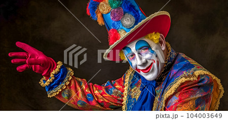 laughing joker in colorful clothes, theatrical entertainment for children and adults, made with Generative AI laughing joker in colorful clothes, theatrical entertainment for children and adults, made with Generative AI 104003649
