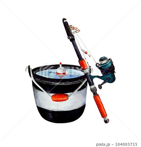 Watercolor Drawing Set Of Fishing Bucket Black And White With Red