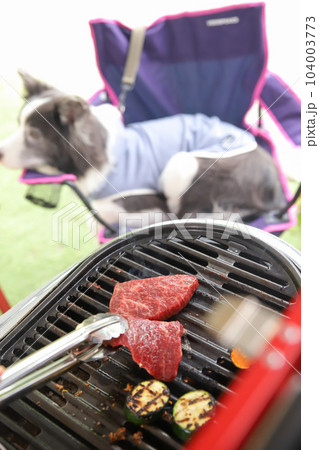 バーベキューコンロでステーキを焼き始めたときの様子 104003773