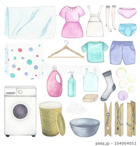 Laundry. Set of illustration of washing machine, basket, basin, washing gel, powder, soap, linen and clothes, hanger and clothespins. Watercolor on a white background. Hand drawn. For postcards Laundry. Set of illustration of washing machine, basket, basin, washing gel, powder, soap, linen and clothes, hanger and clothespins. Watercolor on a white background. Hand drawn. For postcards 104004051