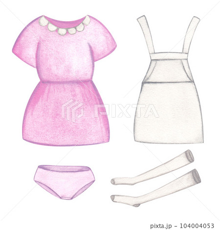 Laundry. Set of illustration of clothes, dress and apron, stockings and underpants. Watercolor on a white background. Hand-drawn. For postcards 104004053