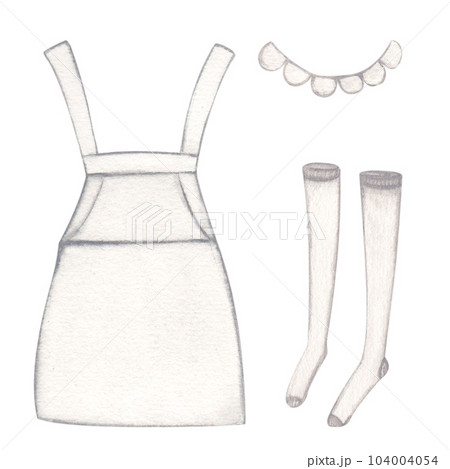 Laundry. Set of illustration of clothes, apron, stockings and collar. Watercolor on a white background. Hand-drawn. For postcards Laundry. Set of illustration of clothes, apron, stockings and collar. Watercolor on a white background. Hand-drawn. For postcards 104004054
