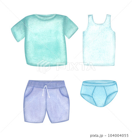 Laundry. Set of illustration of clothes, T-shirt, shorts, underpants, socks. Watercolor illustration on a white background Hand drawn. For postcards Laundry. Set of illustration of clothes, T-shirt, shorts, underpants, socks. Watercolor illustration on a white background Hand drawn. For postcards 104004055