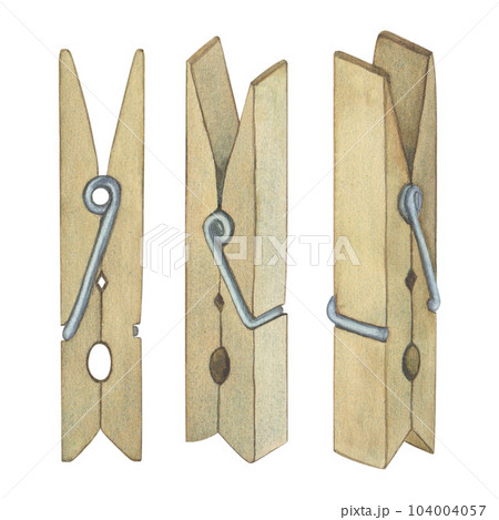 Laundry. Set of illustration of clothespins. Watercolor on a white background. Hand drawn. For postcards 104004057