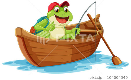 Green frog fishing on the boat cartoon 104004349