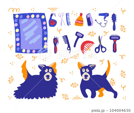 Pet grooming. Dog salon design with several grooming tools. Vector illustration made by hand in doodle style. 104004630
