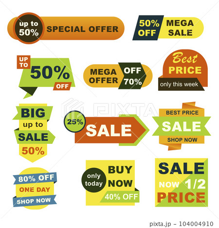 Best price badges set. Mega sale only this week isolated stickers. Holiday shopping, commerce advertising, colorful discount tags. Special offer badges, shop now vector design for clearance sale. Best price badges set. Mega sale only this week isolated stickers. Holiday shopping, commerce advertising, colorful discount tags. Special offer badges, shop now vector design for clearance sale. 104004910