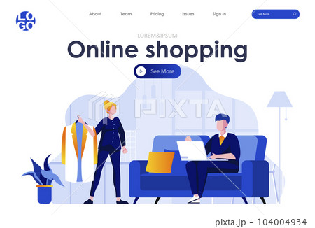 Online shopping flat landing page design. Young couple choosing and buying clothes in online store at home scene with header. E-commerce business, web platform, customer shopping by internet situation 104004934