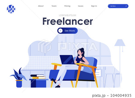 Freelancer flat landing page design. Young woman working with laptop in comfortable conditions at home scene with header. Remote work and self-employed occupation. Freelance and education situation. 104004935