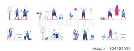 Bundle of fitness training scenes. People jogging, bicycle riding, lifting dumbbells and training with punching bag flat vector illustration. Bundle of workout with people characters in situations. Bundle of fitness training scenes. People jogging, bicycle riding, lifting dumbbells and training with punching bag flat vector illustration. Bundle of workout with people characters in situations. 104004950